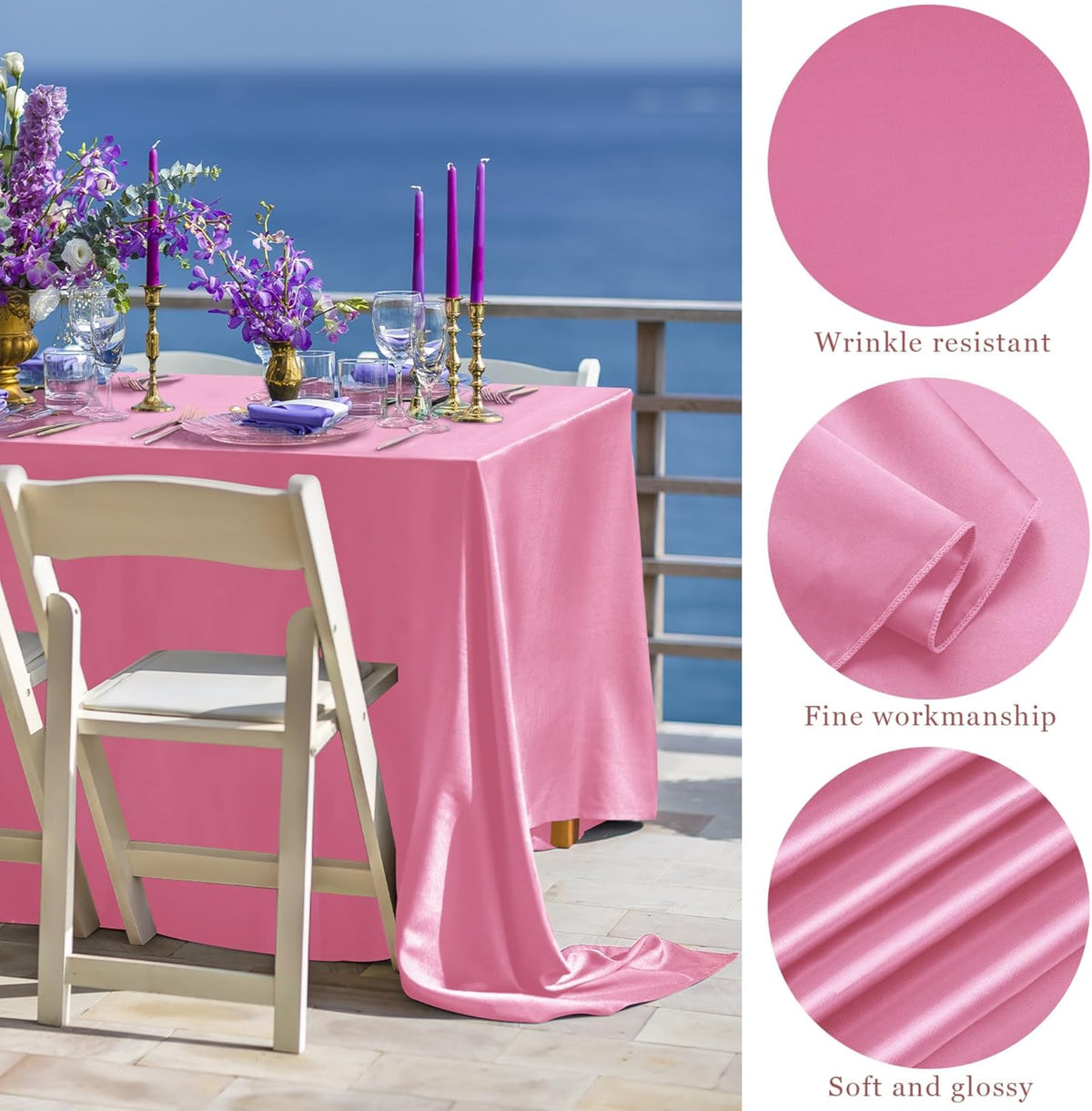 TURSTIN 8 Packs Pink Satin Tablecloth 102 x 58 Inch Overlay Satin Table Cover Rectangle Bright Silk