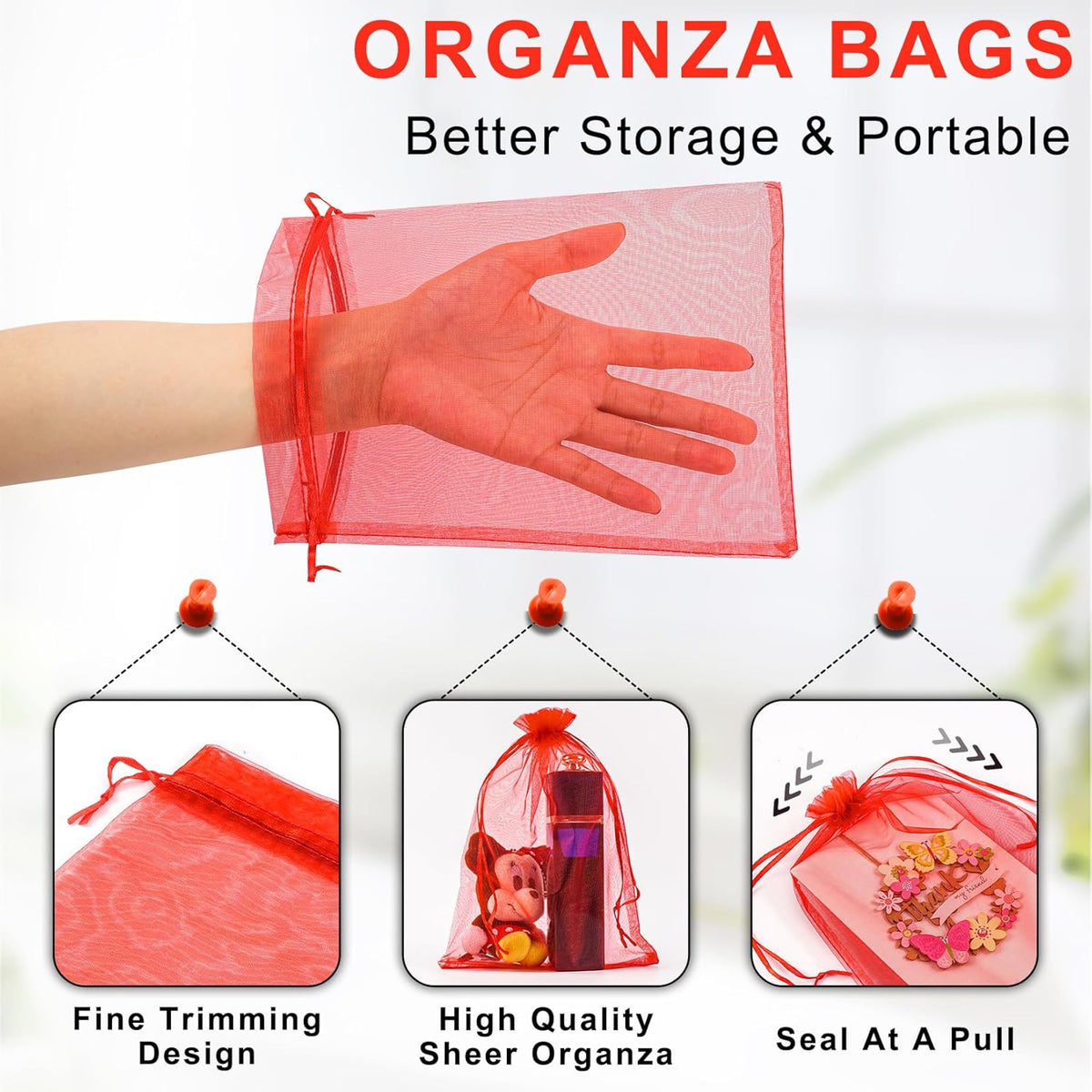 ANZNKU 50 Pack Red Organza Bags 6x9 inches Mesh Bags Drawstring, Sheer Mesh Bag Drawstring, Gift