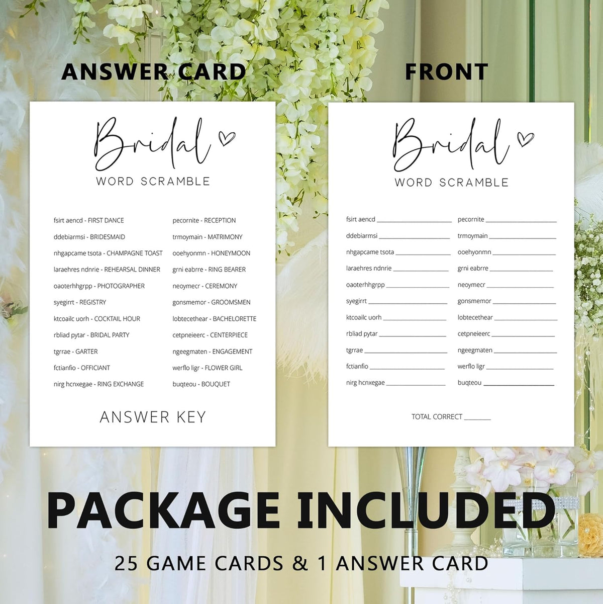 Bridal Shower Games, Word Scramble, 25Pcs Minimalist White Double-Sided Bridal Game Cards with 1