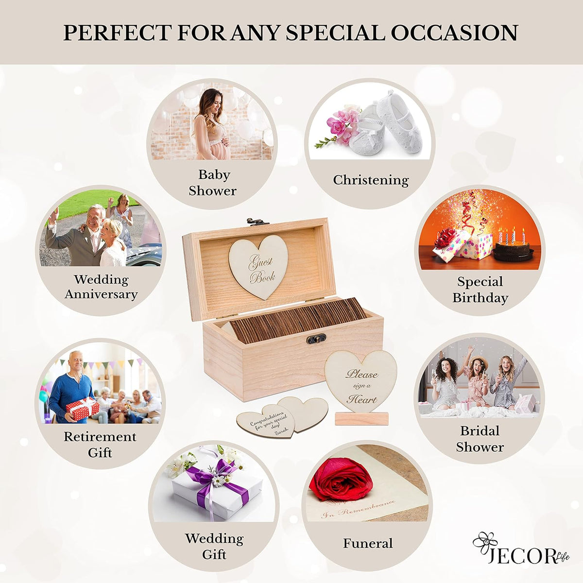 Jecor Alternative Guest Book Box - Wedding Guest Book Alternative - 62 Large Wooden Hearts - Also