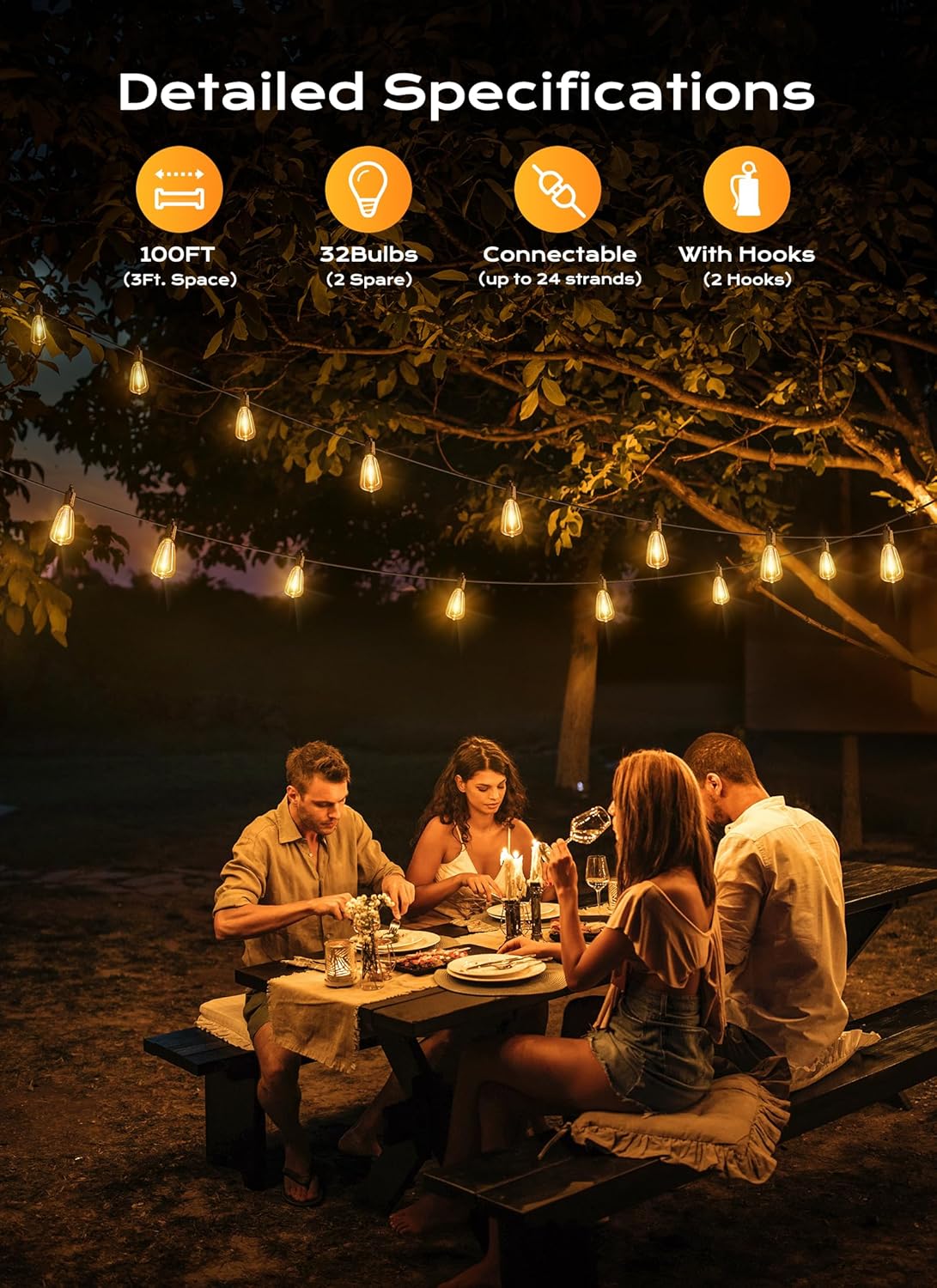 Outdoor-String-Lights-Patio-Lights, 100FT ST38 Shatterproof Dimmable Waterproof Connectable LED