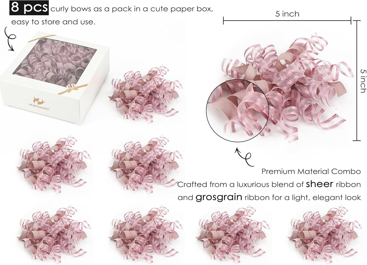 HUIHUANG Self-Adhesive Curly Bows Gift Wrap Accessory Dusty Rose Gift Bow 5 inch x 8 Counts Dusty