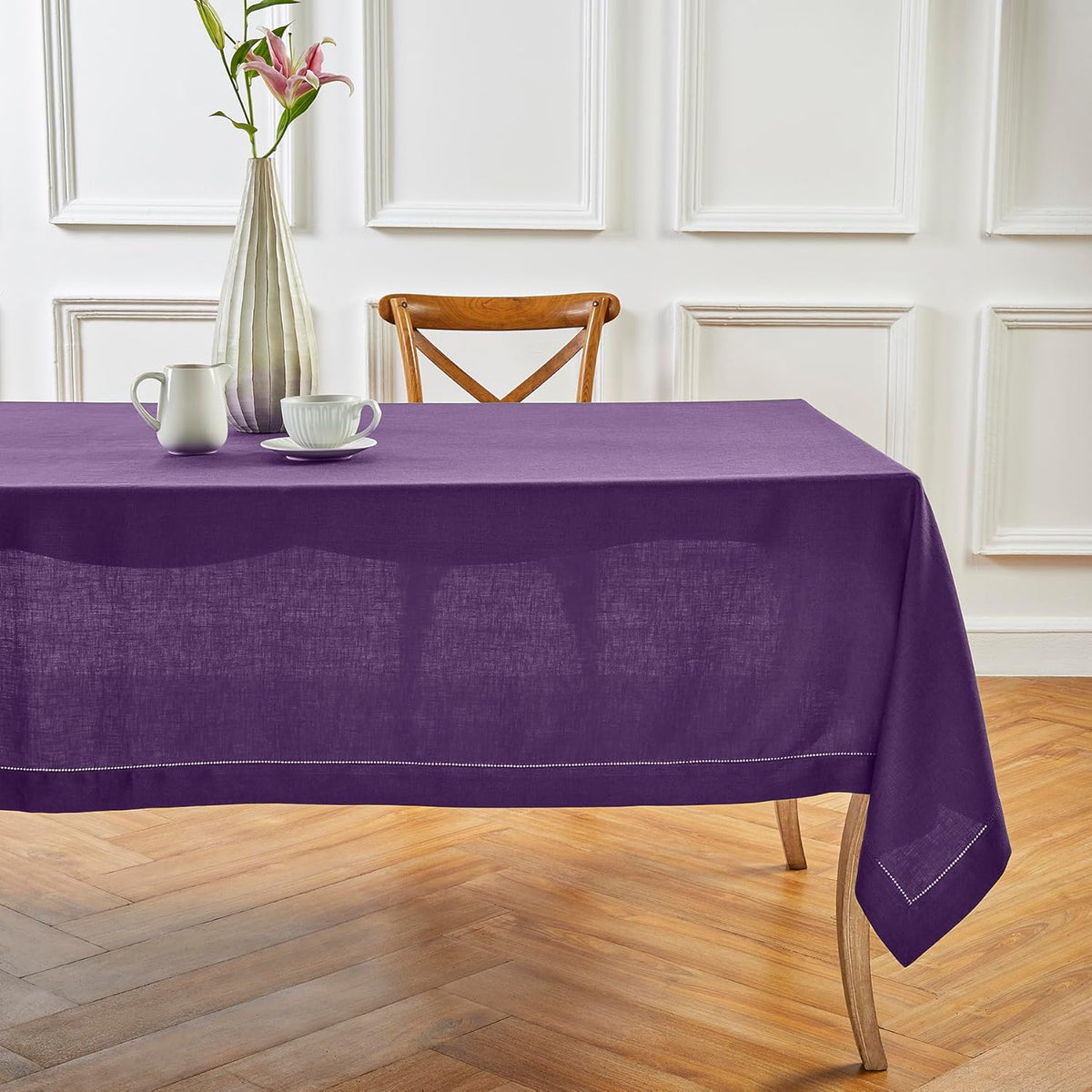 Solino Home Linen Tablecloth for Rectangle Tables 60 x 132 Inch - Classic Hemstitch 100% Pure Linen