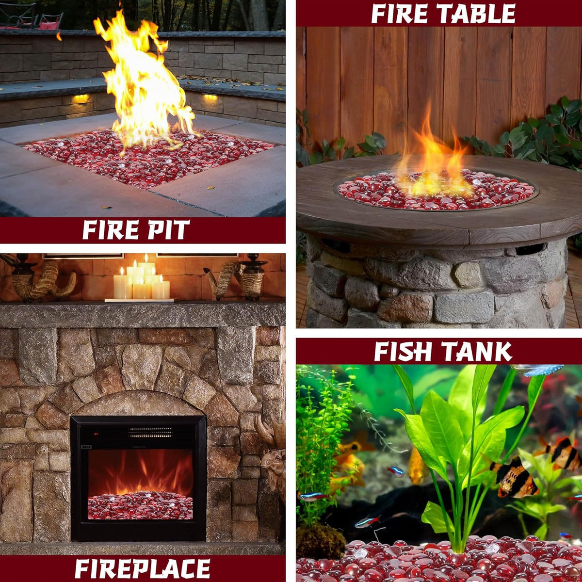 Fire Pit Glass Beads, Red Luster Reflective Tempered Glass Rocks for Natural, Propane or Gas