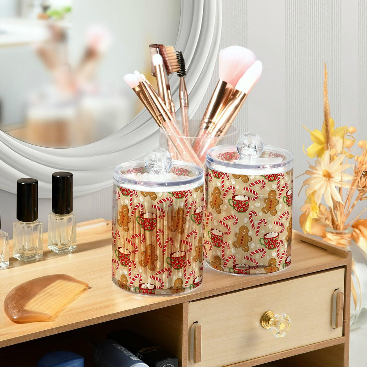 Gredecor Qtip Holder Dispenser 2 Pack Cute Gingerbread Men Snowflakes Candy Bathroom Decorative