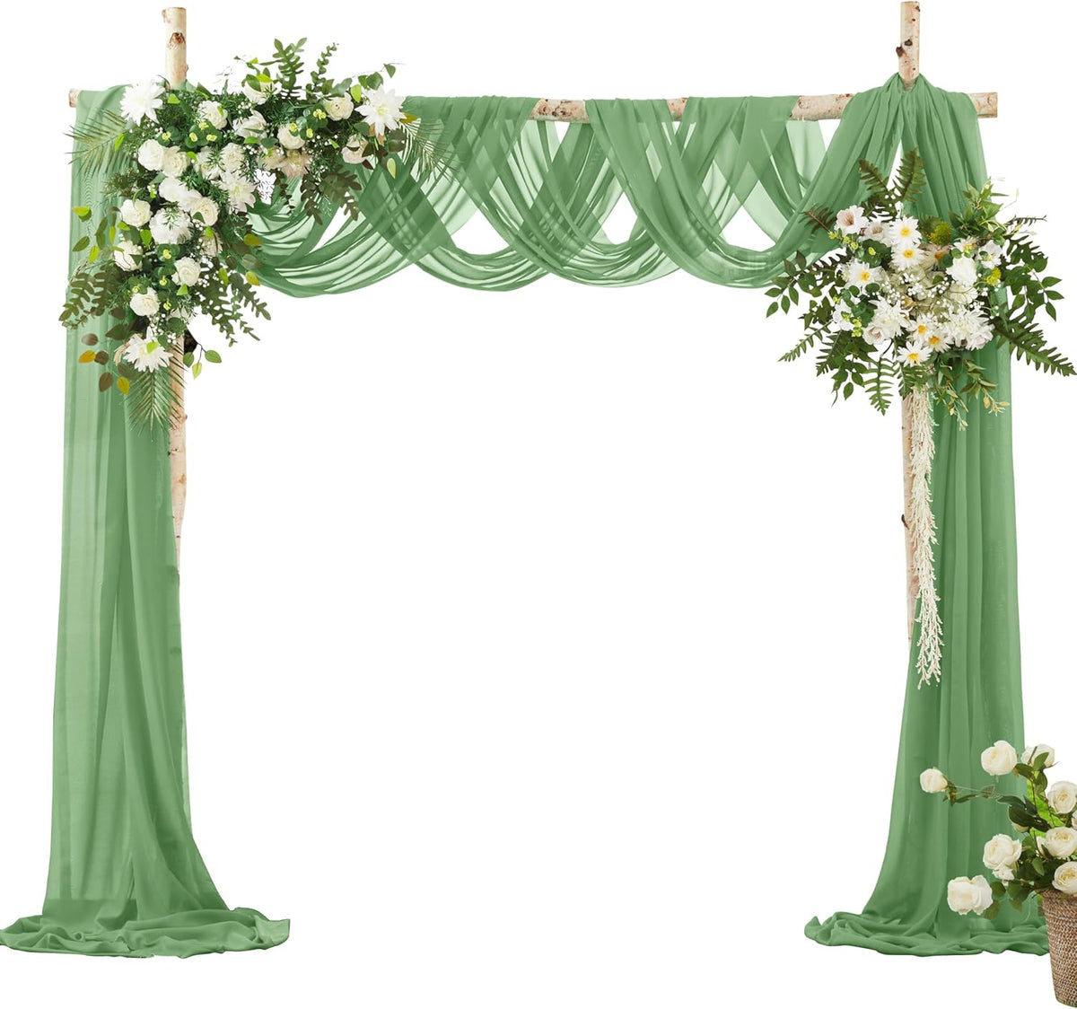 VACVELT Wedding Arch Draping Fabric Sage Green Chiffon, 2 Panels Sheer Drapes 30 Inch x 20ft