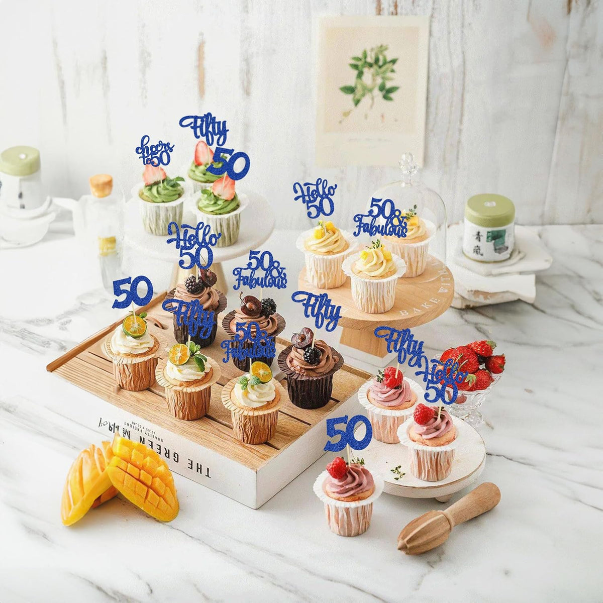 30Pcs Happy 50th Birthday Cupcake Toppers Deep Blue Glitter Fifty Cheers to 50 Years Old Birthday