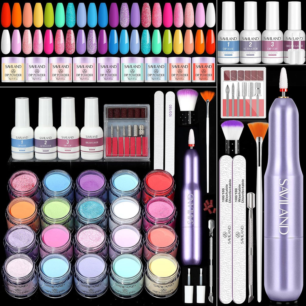 SAVILAND Dip Powder Nail Kit with Drill - 20 Colors Summer Dip Nails Powder Starter Kit with