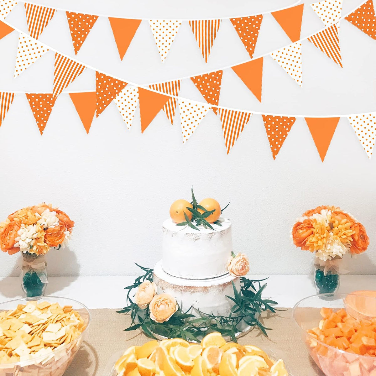 32Ft Orange Stripe Dot Triangle Flag Fabric Banner Cotton Pennant Garland Bunting Streamer for Fall