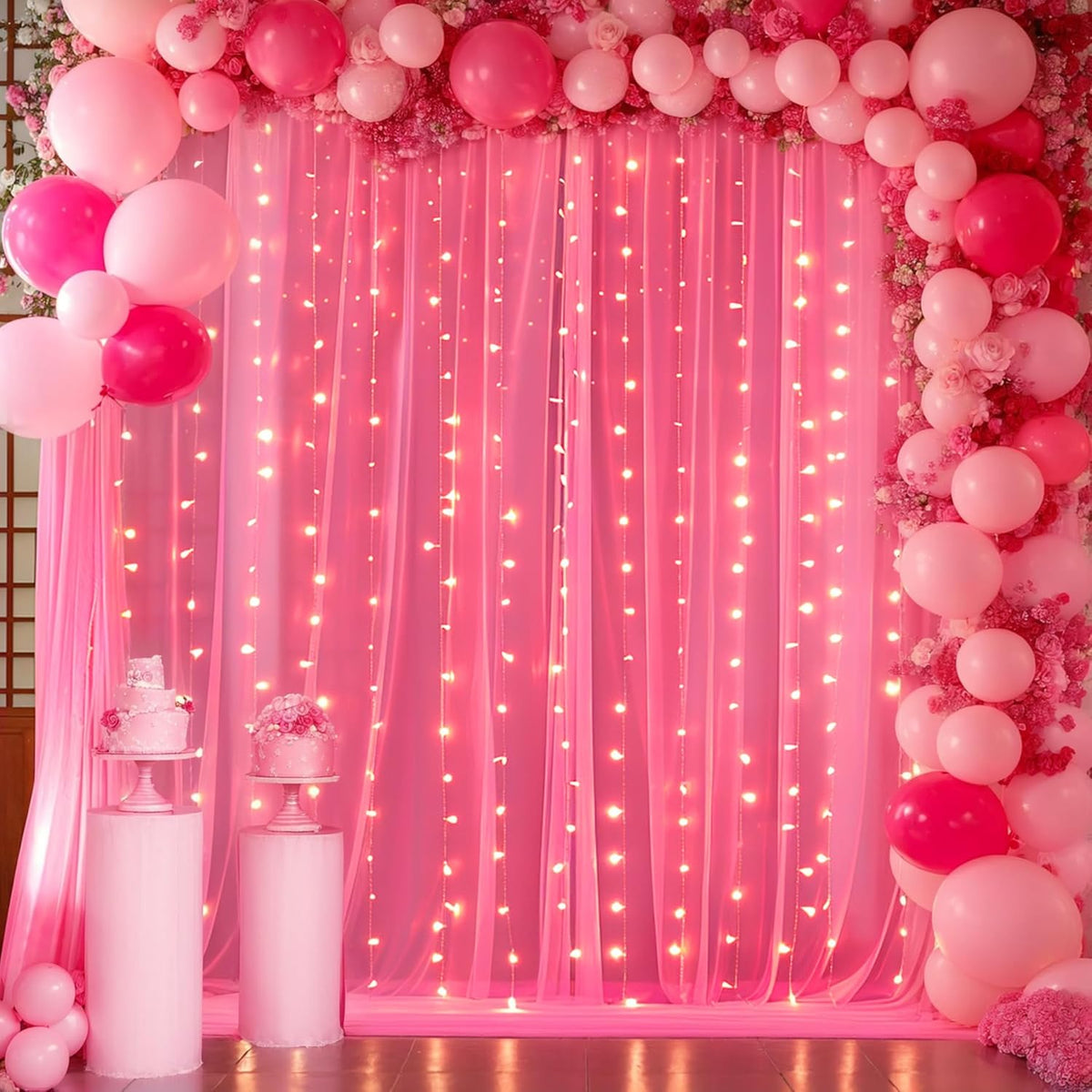 Hot Pink Tulle Backdrop Curtain with Lights for Parties 10x8ft Fuchsia Sheer Backdrop Curtains for