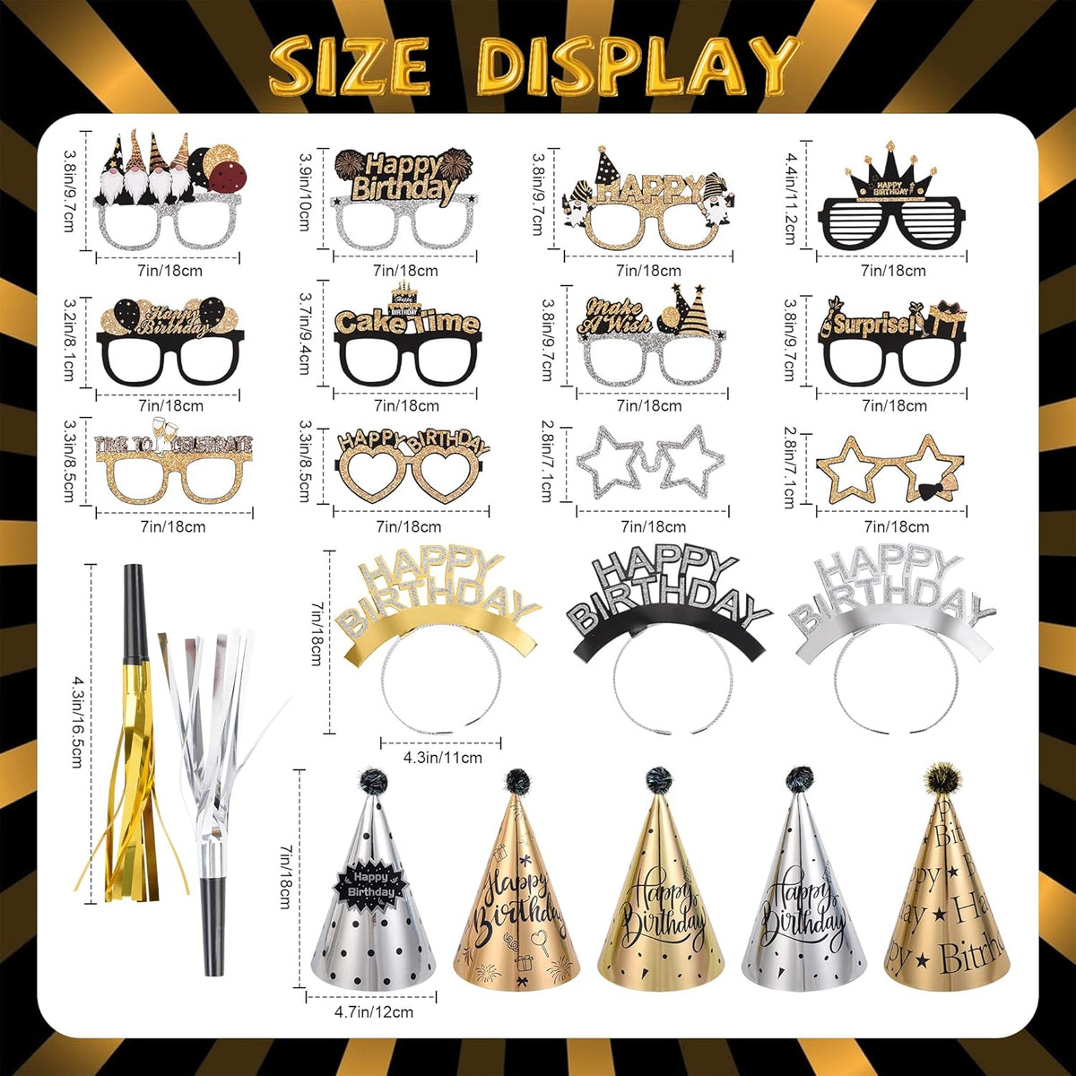 36 Pcs Black Golden Birthday Party Hats Set Includes 6 Party Cone Hats 6 Birthday Headband 12 Paper