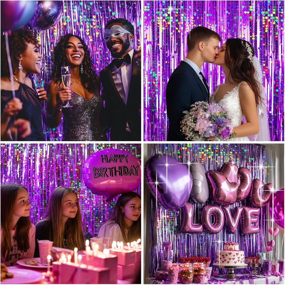 4 Packs Purple Foil Fringe Curtain, Purple Glitter Metallic Tinsel Backdrop for Birthday, Wedding