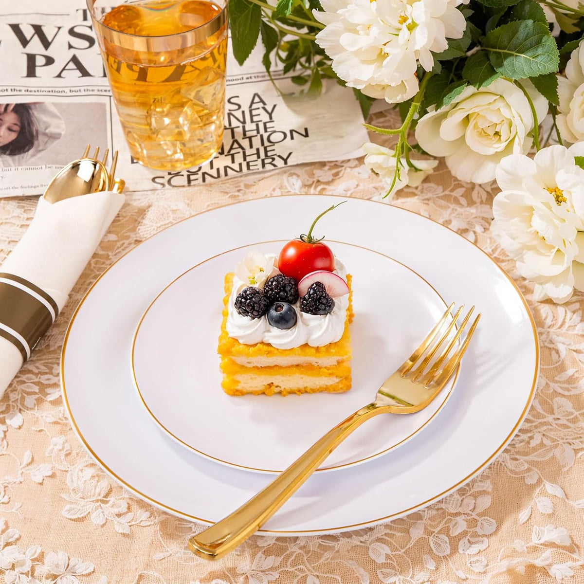 KIRE 350 PCS White and Gold Plates Disposable - Elegant Dinnerware Set of 50 Guest, White Plastic