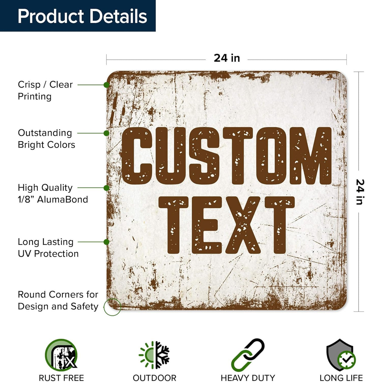 Custom Sign, Custom Street Sign, 11 Font Colors, 13 Font Styles, 4 Hole Options, 22 Sizes, 24x24