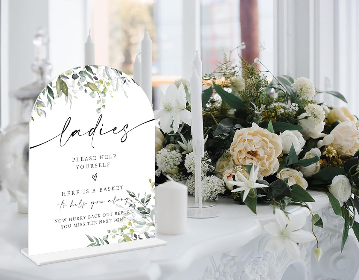 2 Pcs Greenery Wedding Bathroom Ladies & Gents Signs, 6 x 8 Inch White Arch Acrylic Wedding Sign