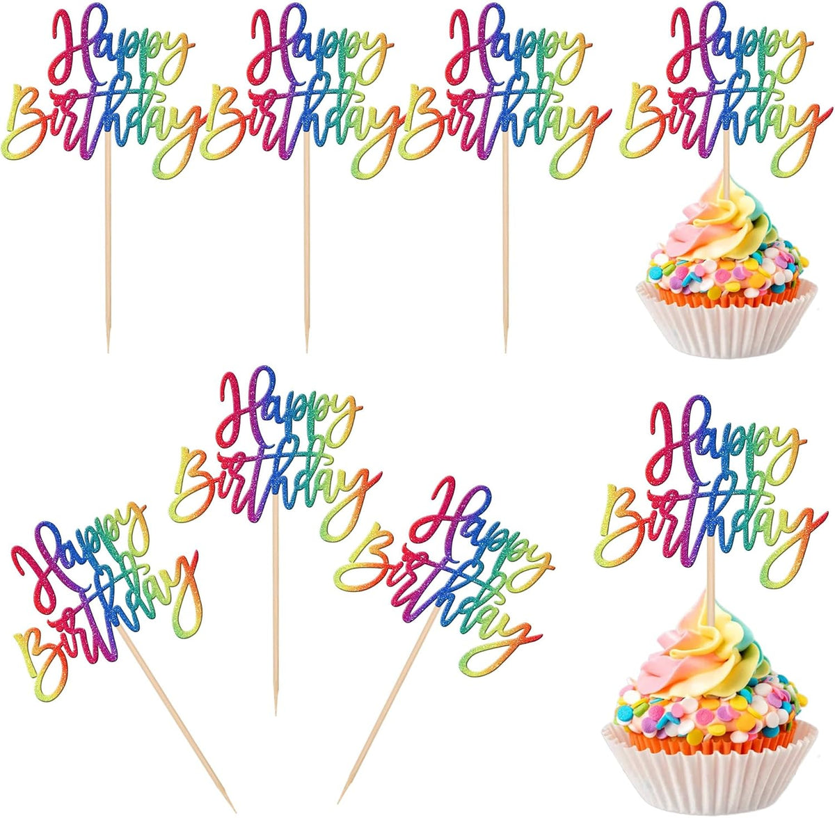 24 PCS Glitter Cupcake Toppers - Happy Birthday & Anniversary Picks for Celebrating Parties