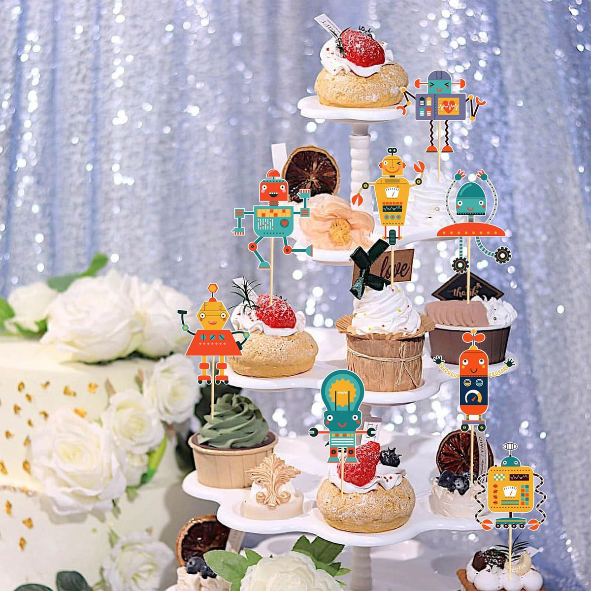 24pcs Robot Cupcake Toppers Robot Cake Decorations for Robot Birthday Party Decorations Birthday