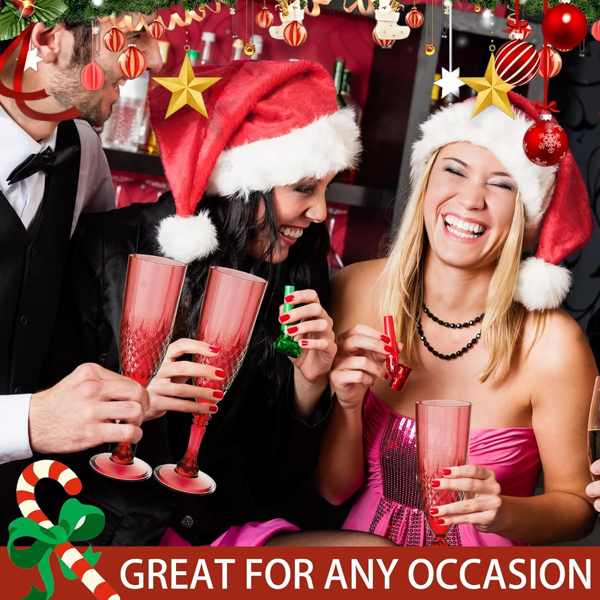 Plastic Champagne Flutes, 24PCS Dark Red Wine Glasses Goblets Cups Reusable Flute, for Christmas