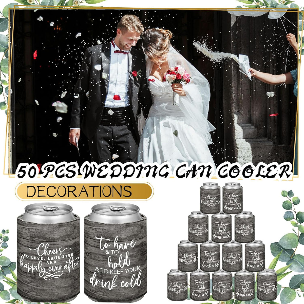 50 Pieces Wood Grain Wedding Can Cooler Sleeves Bulk Engagement Party Favors for Guests Cheers to
