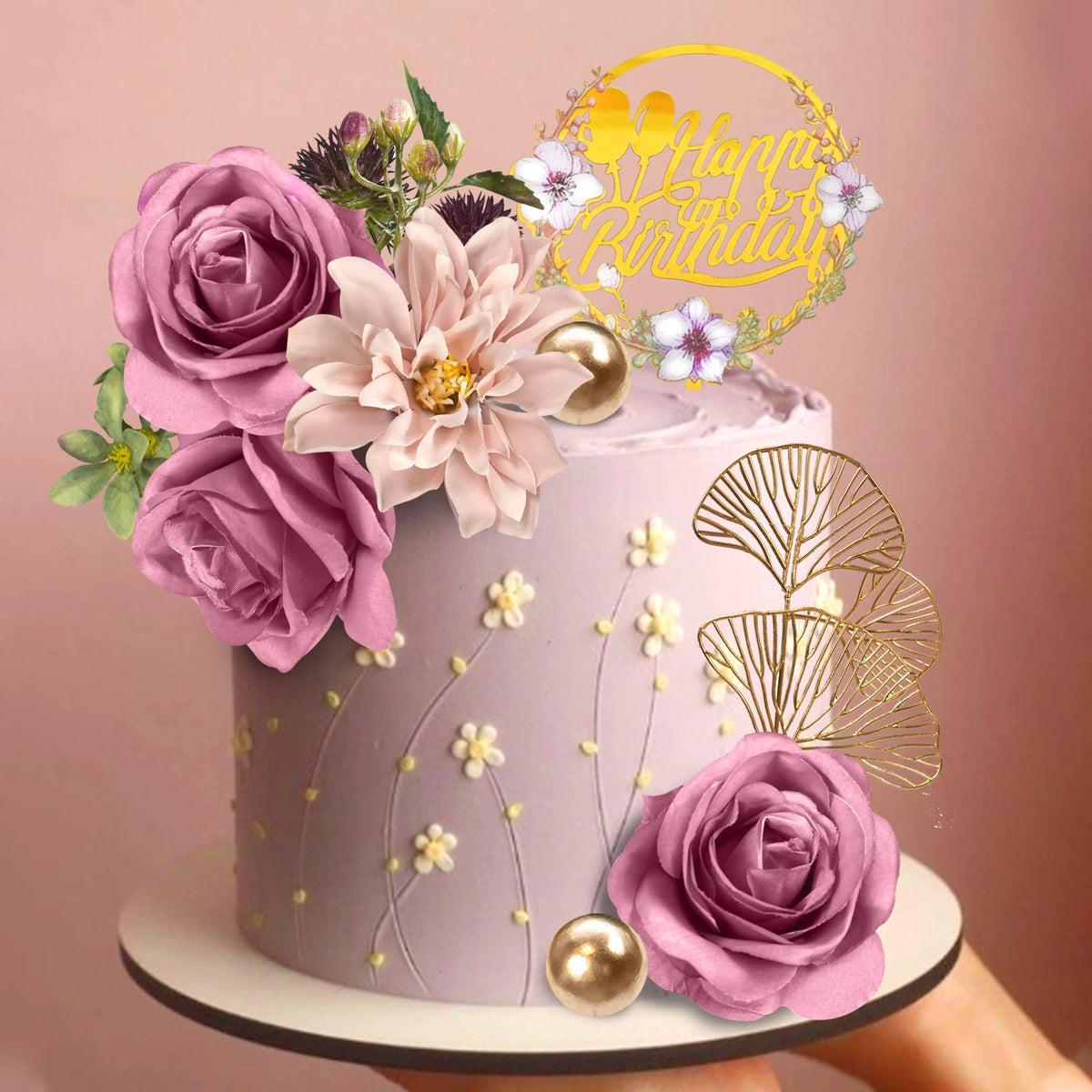 Flower Cake Toppers Happy Birthday Cake Toppers with Artificial Purple Rose Flowers Eucalyptu