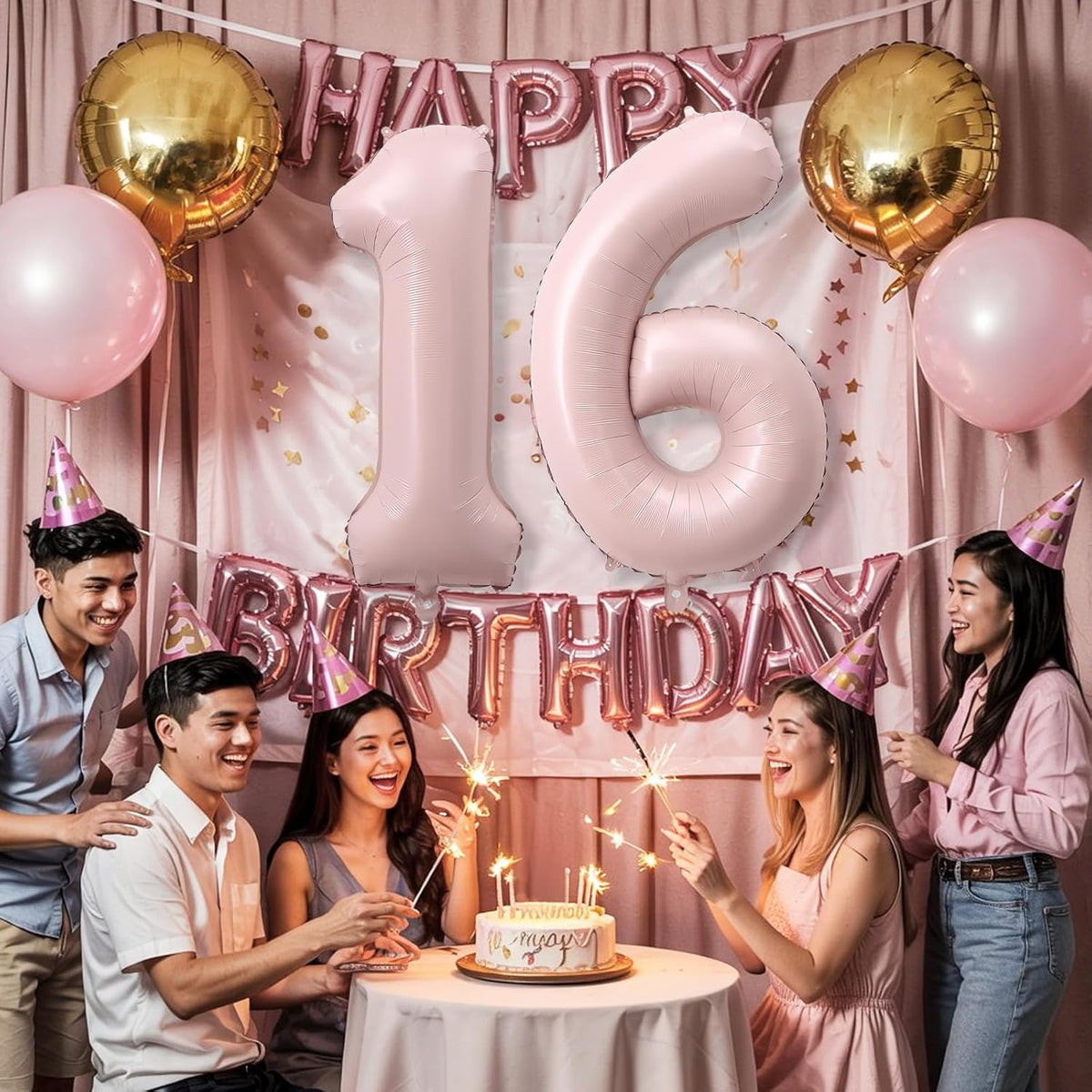 Light Pink Sweet 16th Birthday Balloon for Girls, 40 Inch Self Inflating Mylar Number 16 Balloons