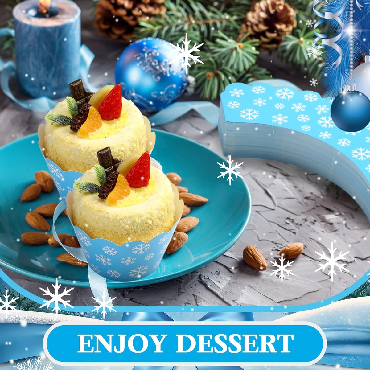 Domensi 100 Pcs Snowflake Cupcake Wrappers Blue Cupcake Liners Christmas Blue Snowflake Baking Cups