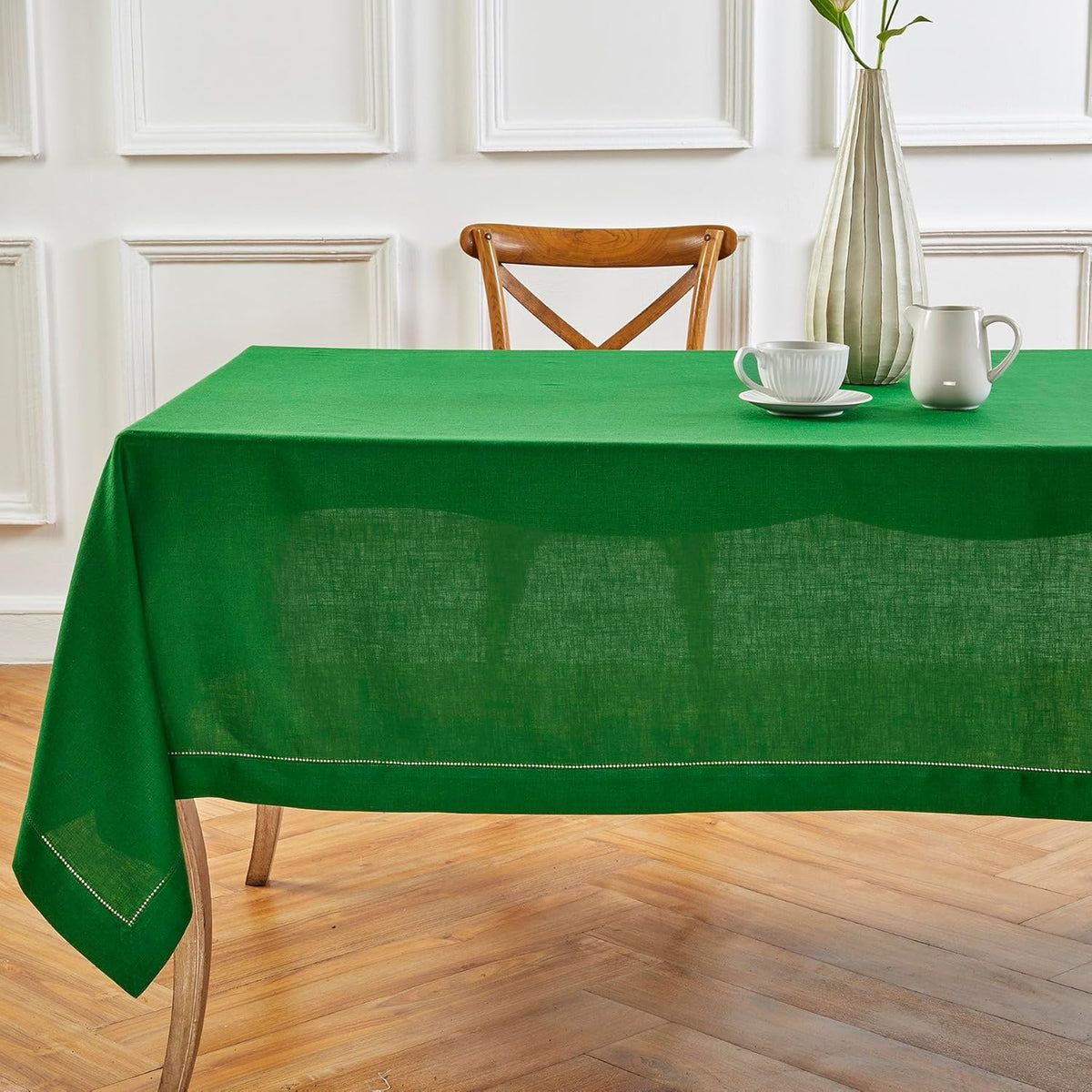 Solino Home Linen Tablecloth 52 x 52 Inch - 100% Pure Linen Garden Green Square Tablecloth