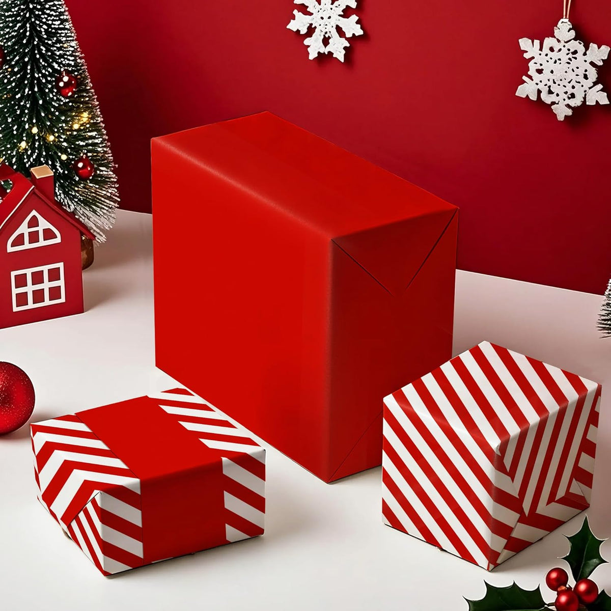 WRAPAHOLIC Reversible Wrapping Paper - Mini Roll - 17 Inch x 33 Feet - Red and Stripes Design for
