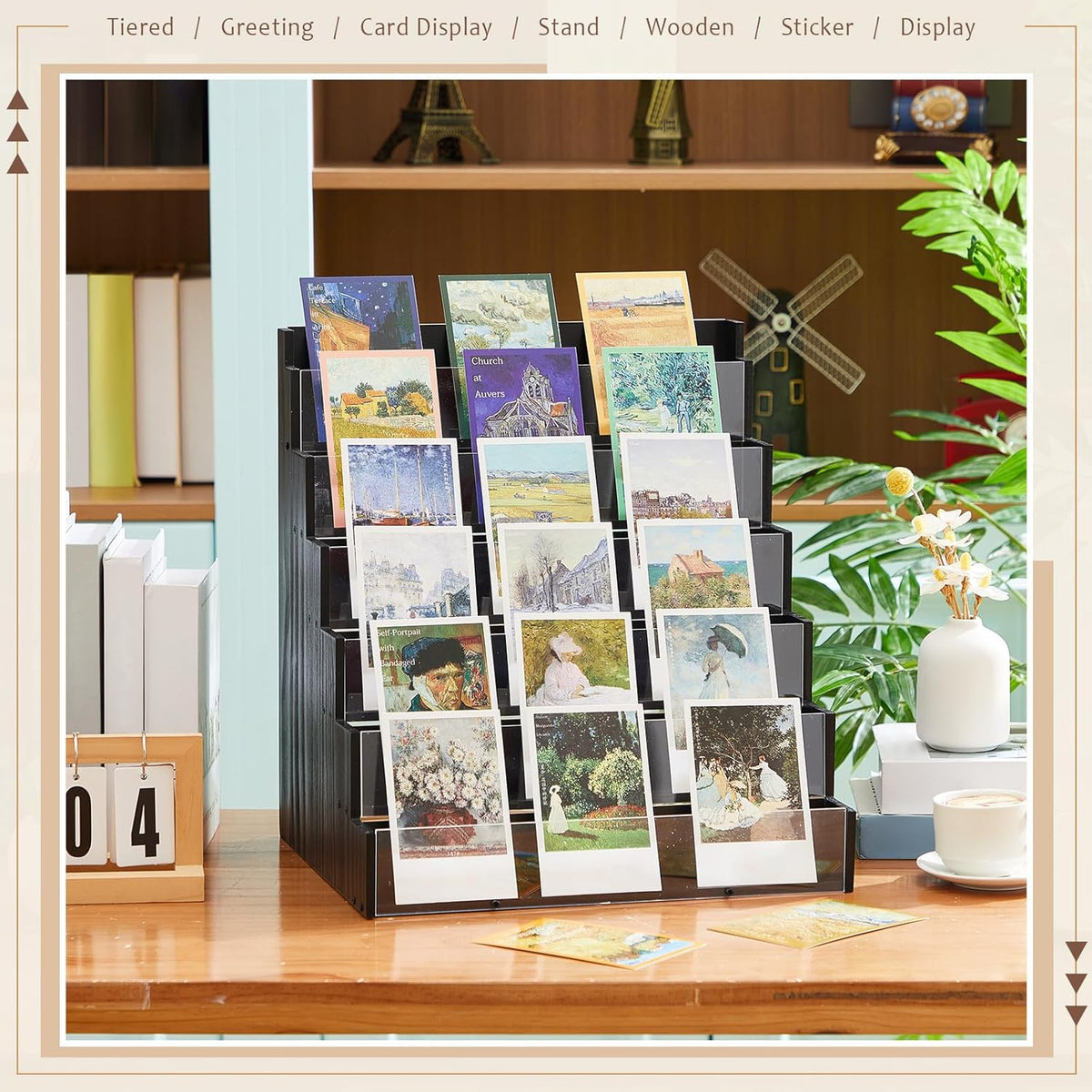6 Tier Greeting Card Display Stand Black Bamboo and Acrylic Sticker Display Stand Trading Card