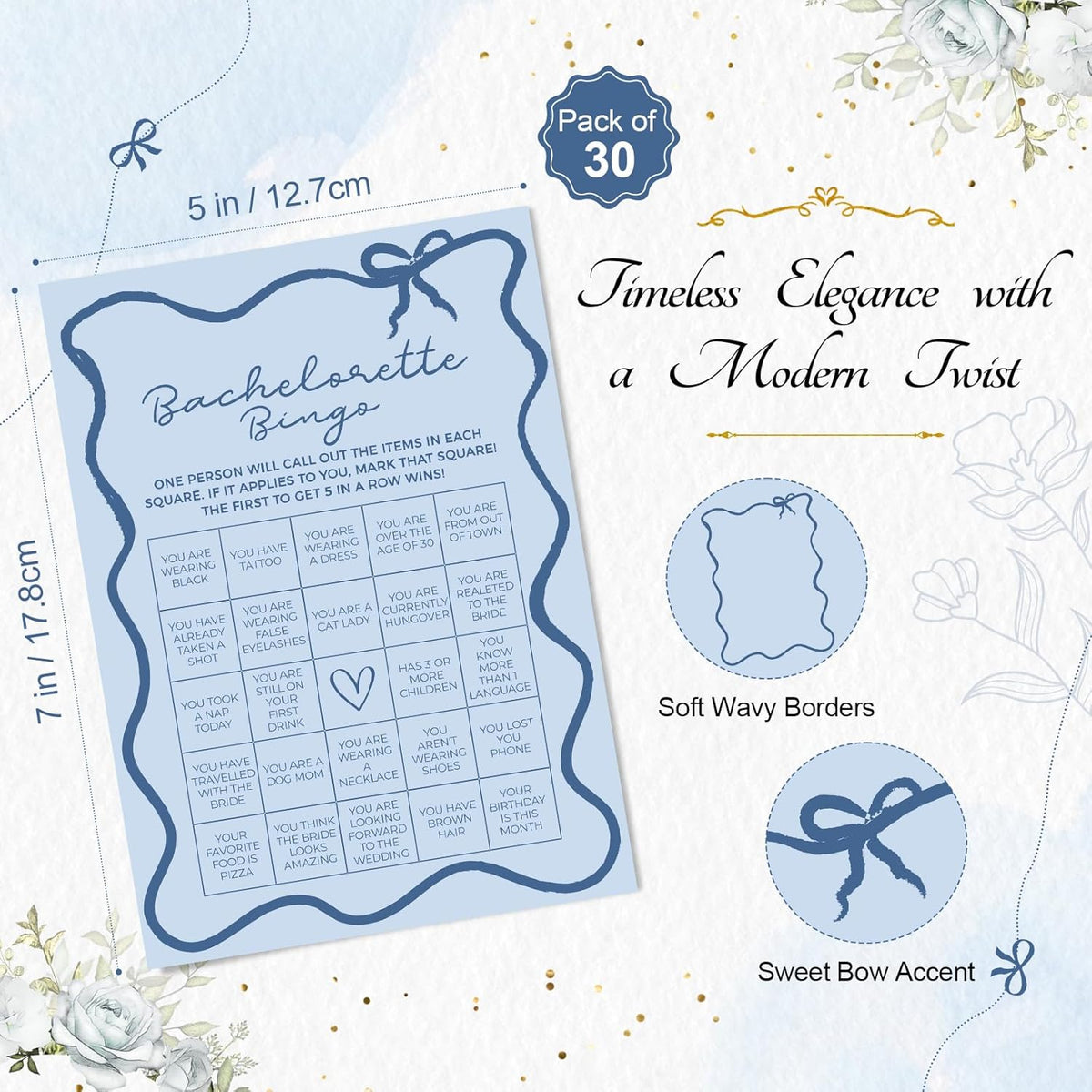 DEEKA 30 PCS Bridal Shower Games Card for 30 Guests Blue Wavy Border Ribbon Bow Funny Wedding