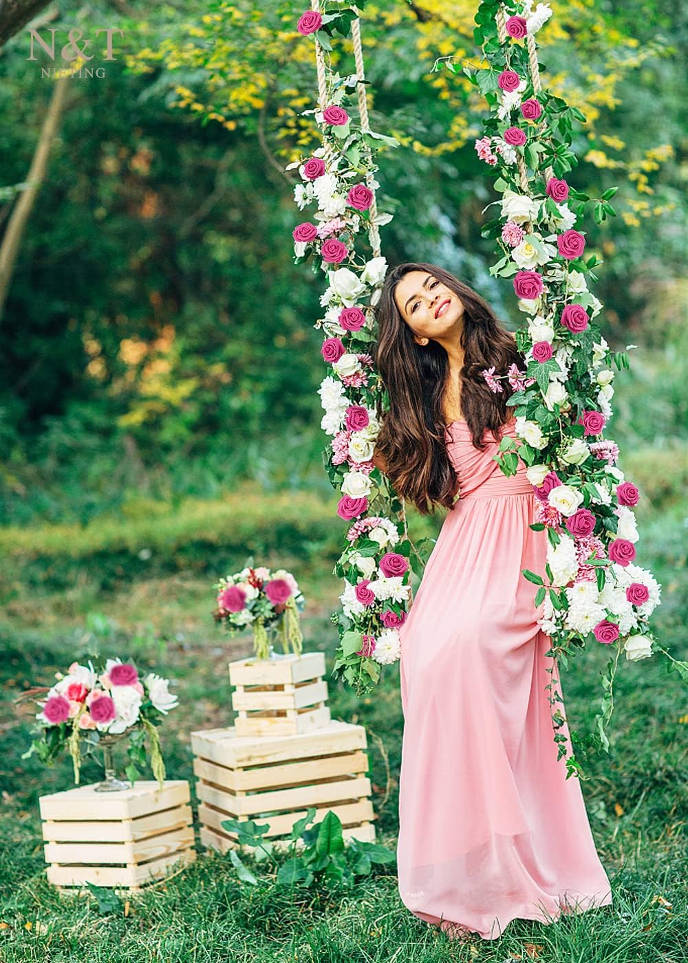 N&T NIETING Artificial Flowers, Hot Pink Artificial Roses, 50pcs Fake Flowers with Stem for DIY