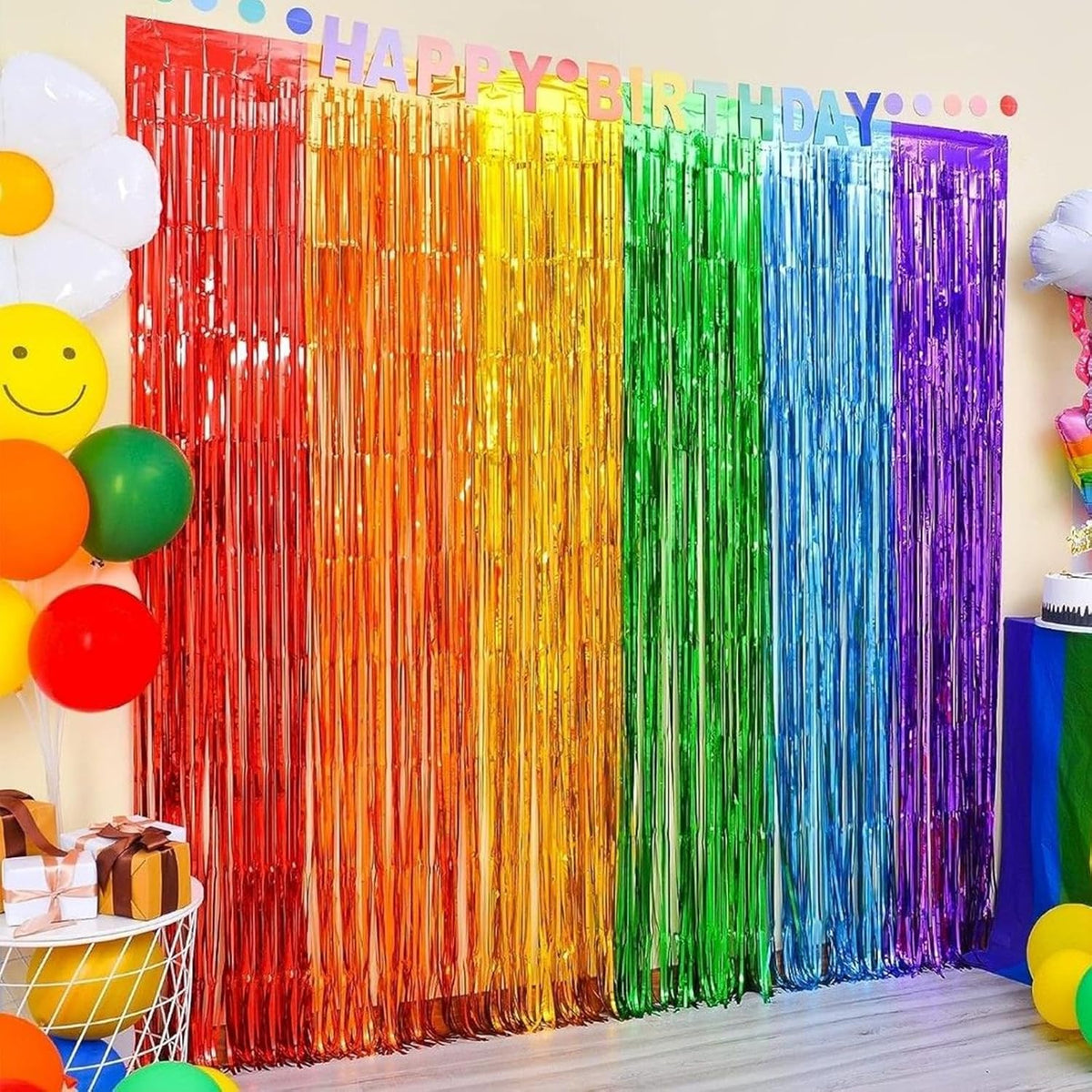 CANREVEL 2 Pack 3.3x8.2 Feet Rainbow Foil Fringe Backdrop Curtains, Tinsel Streamers Birthday Party
