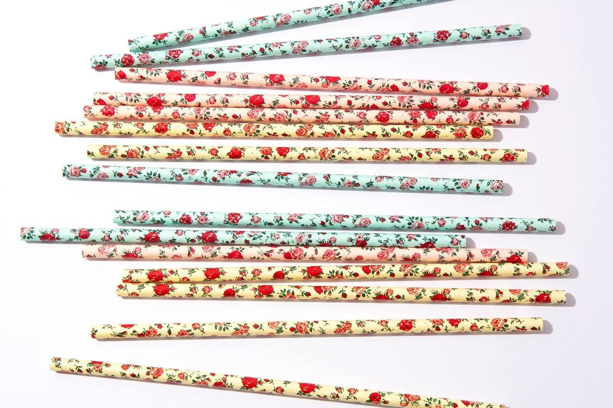 75-Pack Eco-Friendly Biodegradable Paper Straws - Vintage Rose & Floral Design in Pink, Blue