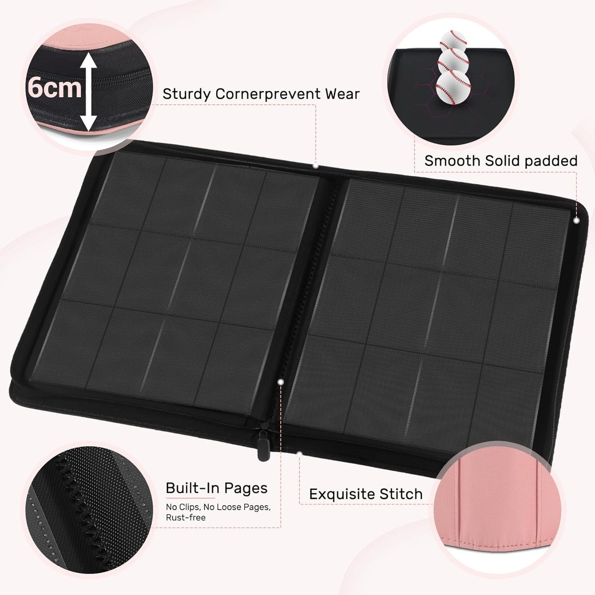 12 Pocket Card Binder, Zipper Trading Card Binder, 720 Large Capacity Side Loading Non-Ring Card