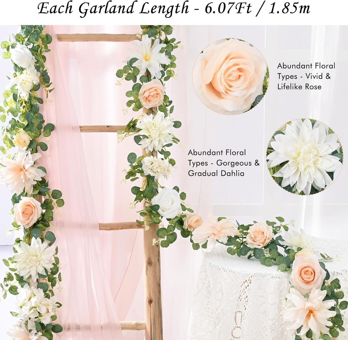 Waipfaru 2Pcs 6.07Ft Eucalyptus Greenery Garland with Flowers, Dusty Blue and White Rose Flower