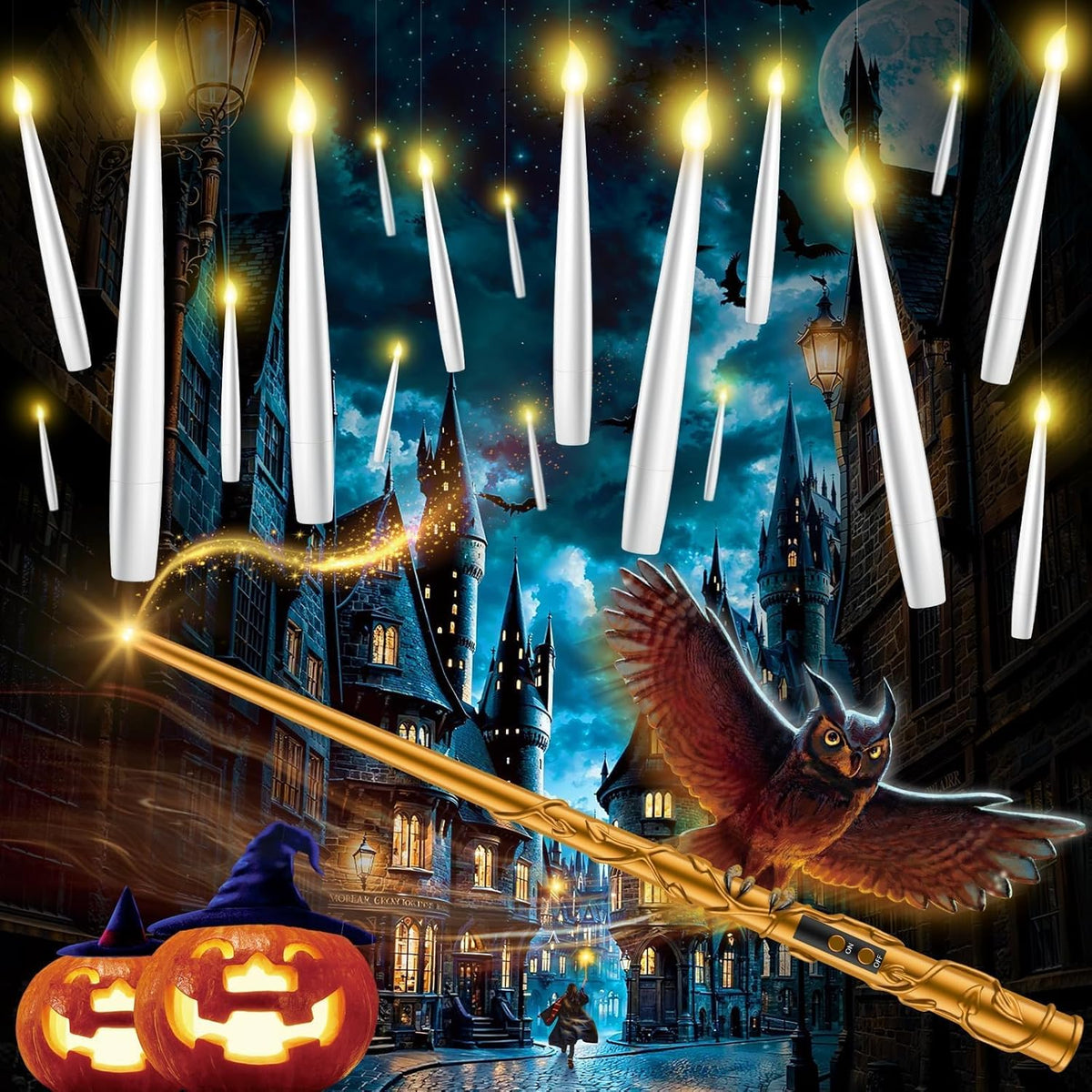Floating Candles with Wand - 18 Pcs Halloween Decorations Magic Flameless Candles Flickering Warm