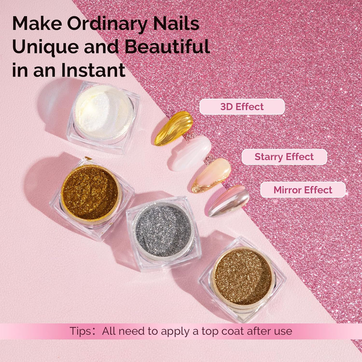 MelodySusie 4Pcs Chrome Nail Powder for Gel Nails, Aurora Fine Glitter Powder Mirror Effect Pigment
