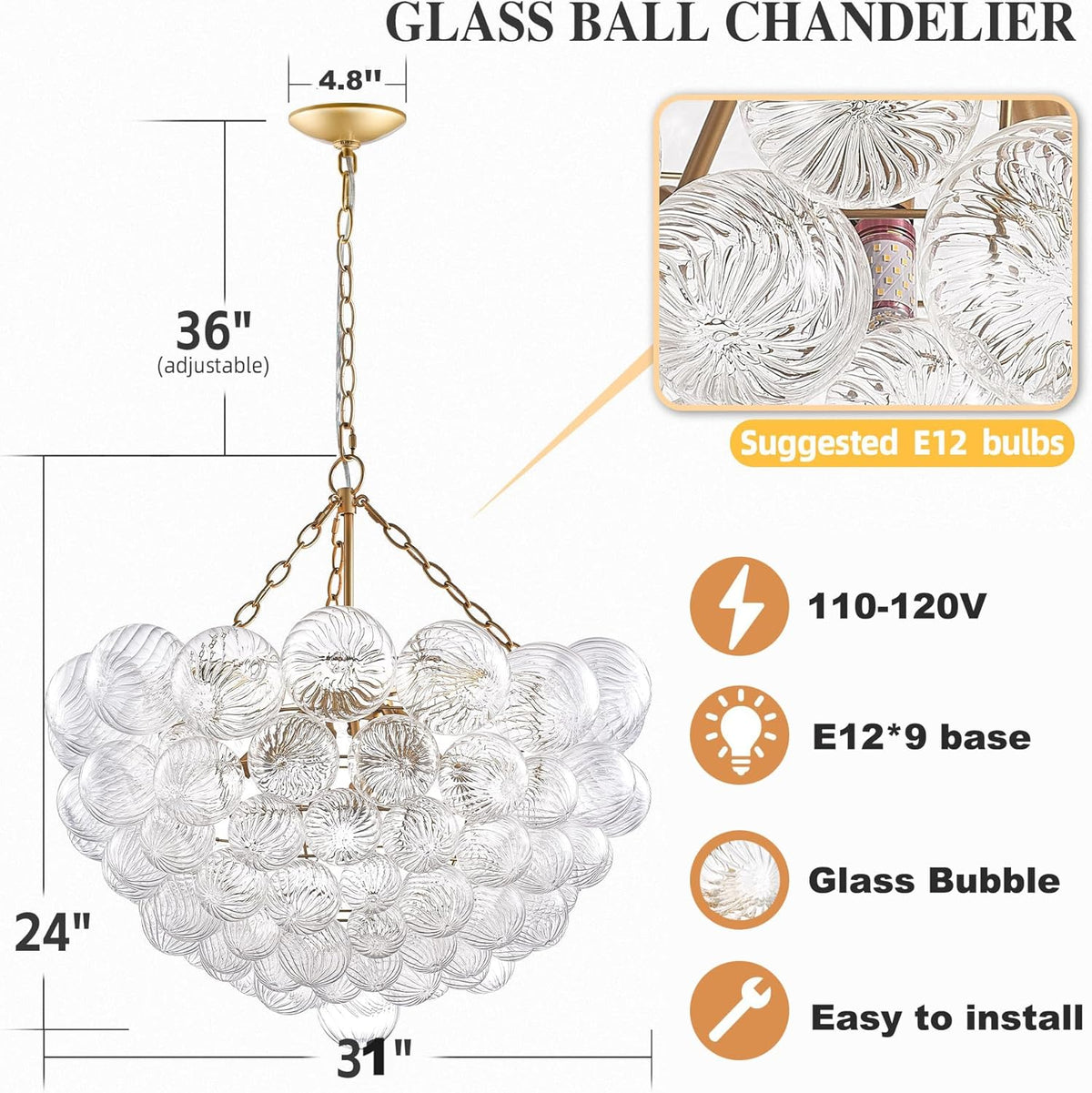 Nordic Bubble Ball Swirled Glass Chandelier, Diam 31" Gild Gold and Clear Modern Hand Blown Glass