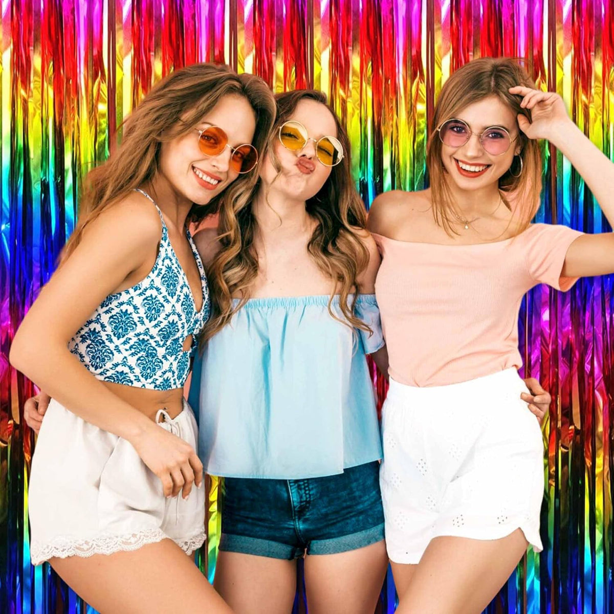 6 Pack Rainbow Foil Fringe Curtains Backdrop, 3.28 x 8.2 Ft Metallic Streamers Tinsel Curtains