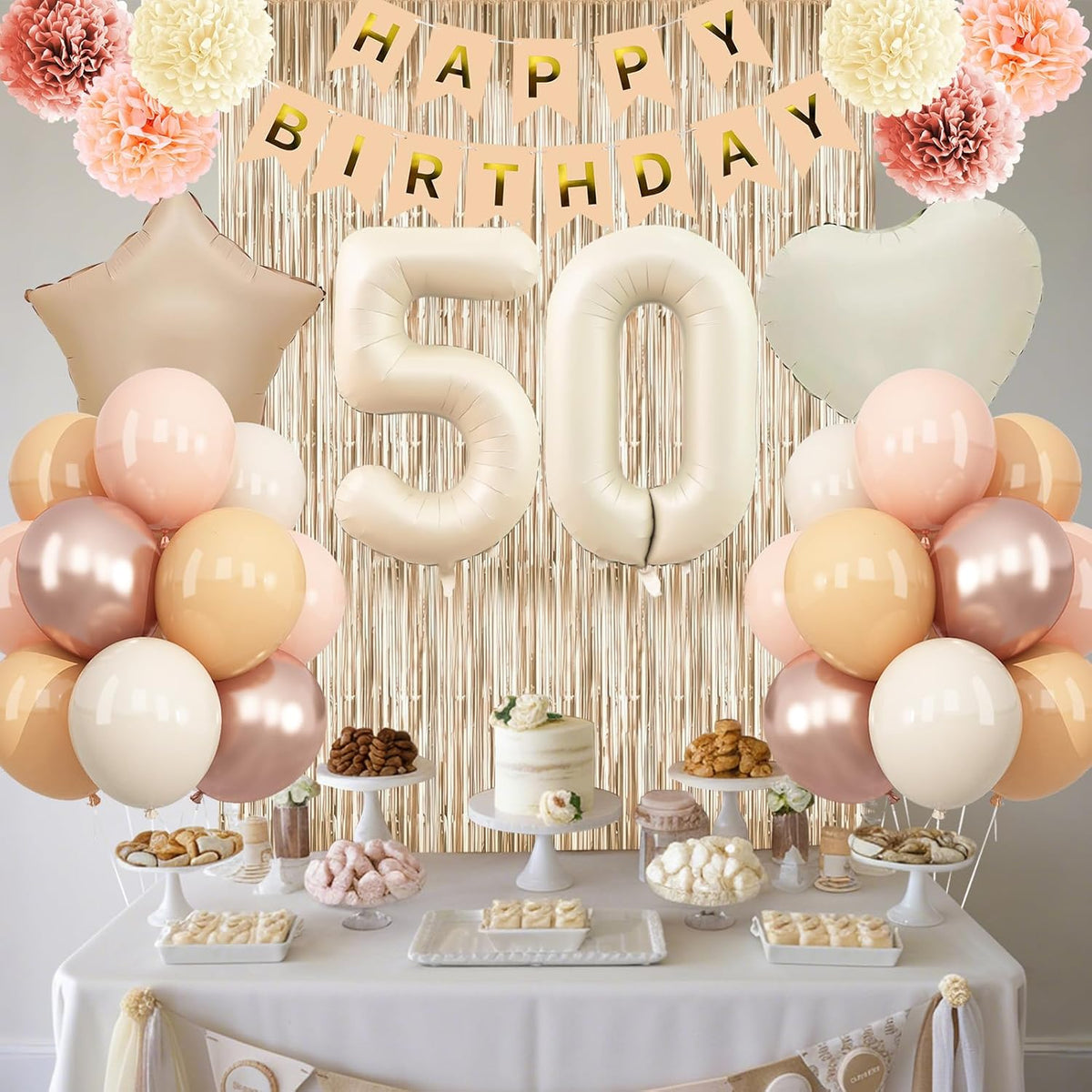 Beige 50th Birthday Decorations for Women Cream Number 50 Balloon Nude Gold Happy Birthday Banner