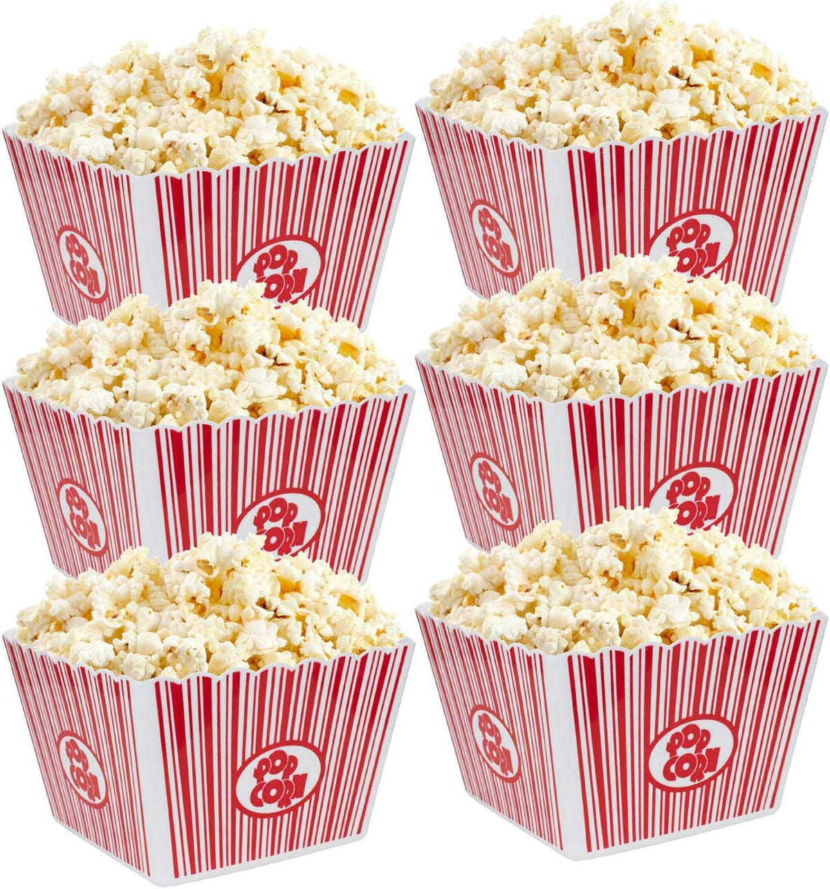 Hedume 6 Pack Popcorn Containers, Plastic Movie Theater Style Popcorn Container Set, Red & White