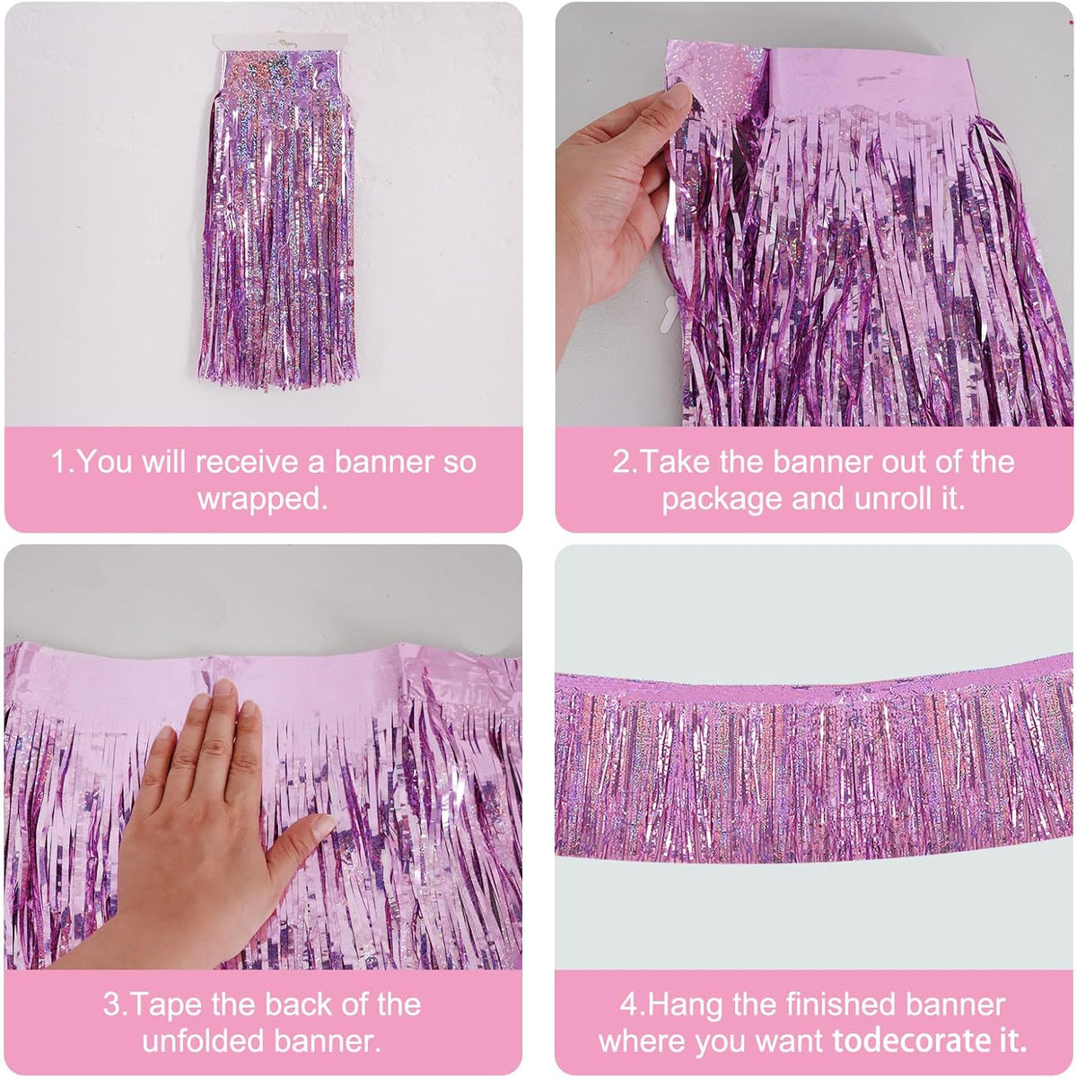BEISHIDA 3 Packs Metallic Foil Fringe Garland Laser Light Pink Wall Hanging Tinsel Fringe Banners