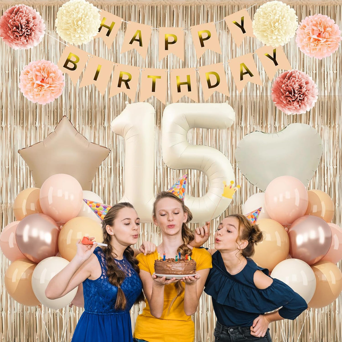 Beige 15th Birthday Decorations Girls Boys Cream Number 15 Balloon Nude Gold Happy Birthday Banner