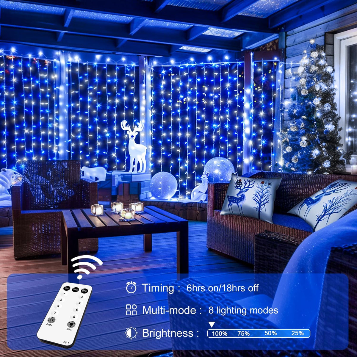 JMEXSUSS 300LED Christmas Curtain Lights Plug in with Remote, Blue and White Christmas Lights
