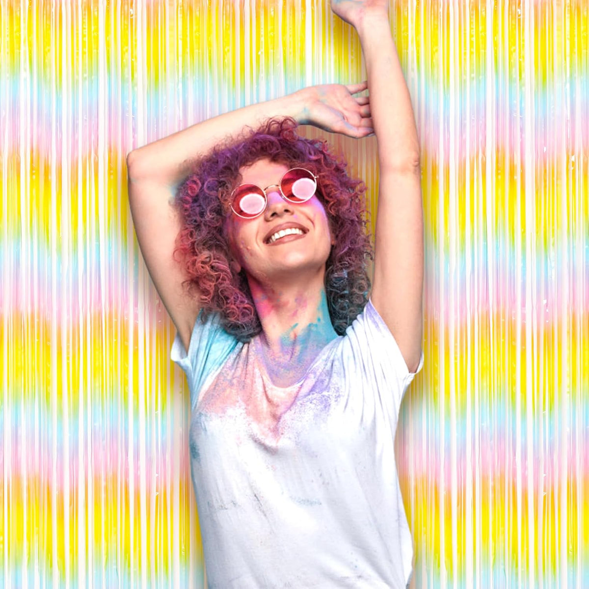 2 Pack Pastel Rainbow Foil Fringe Backdrop Curtains, Tinsel Streamers Birthday Party Decorations