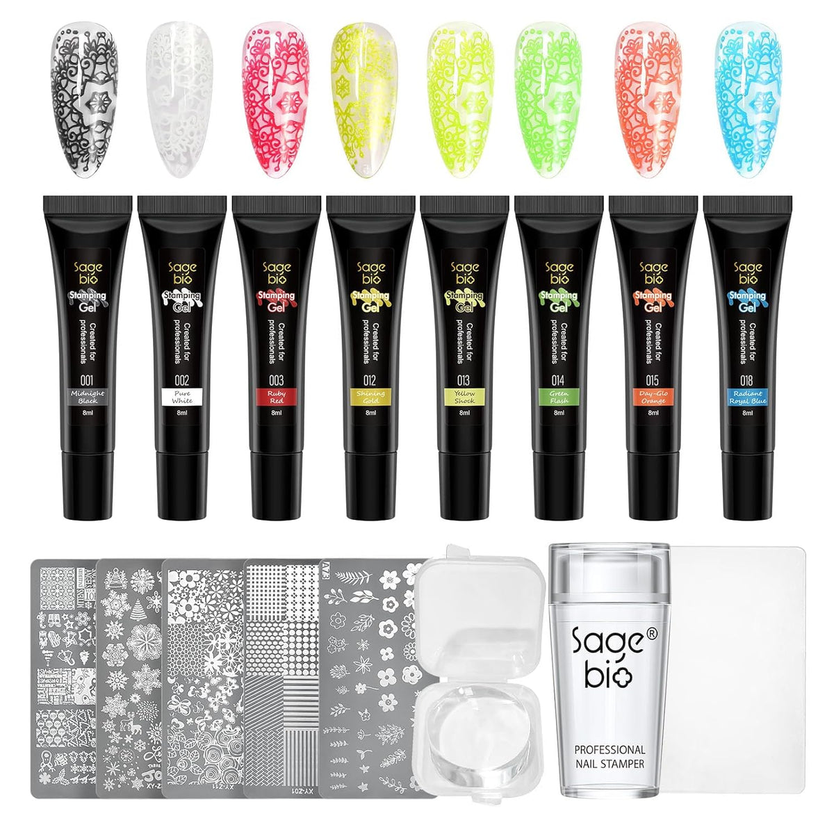 8 Colors Nail Stamping Polish Gels +5Pcs Stamp Print Templates+A set of Stamper with Scraper