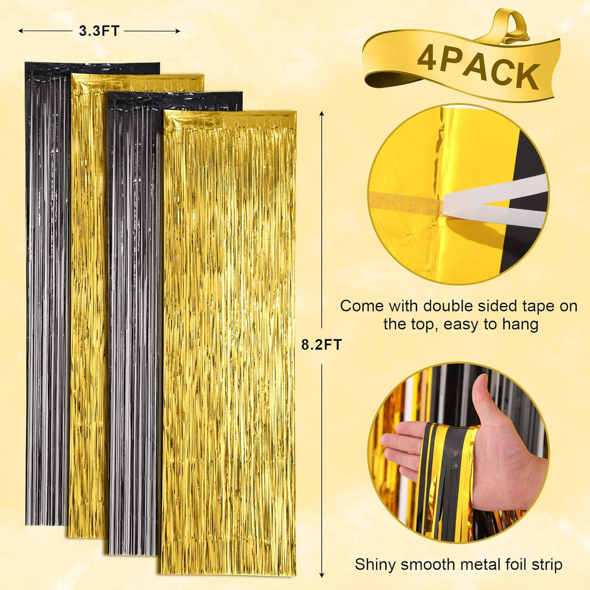 4 Pack Black and Gold Foil Fringe Backdrop Curtains, Tinsel Streamers Birthday Party Decorations