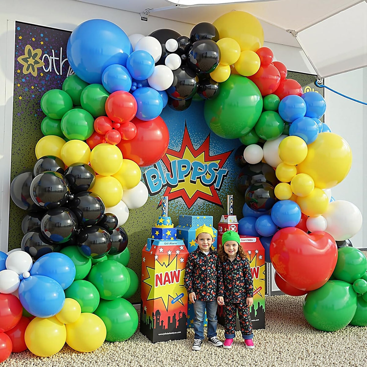 412Pcs Red Blue Yellow Green Black Balloon Arch Garland Kit, 18 12 10 5 Inch Different Size Latex