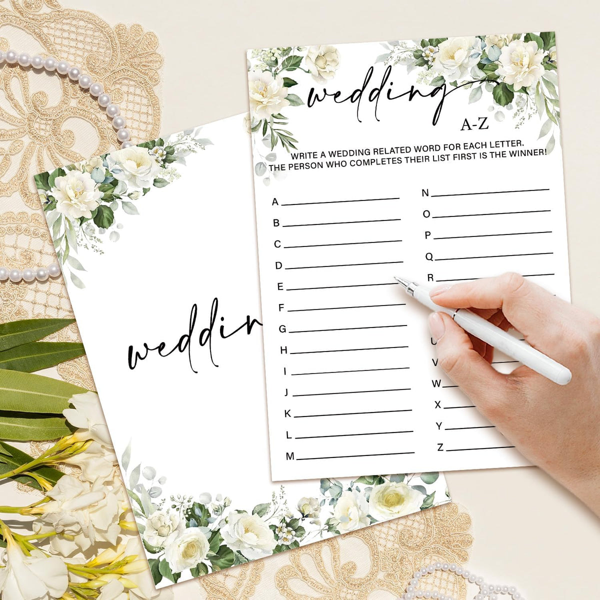 Eucalyptus Bridal Shower Games 30 Guests, Wedding A-Z Bridal Games for Showers, White Rose Wedding
