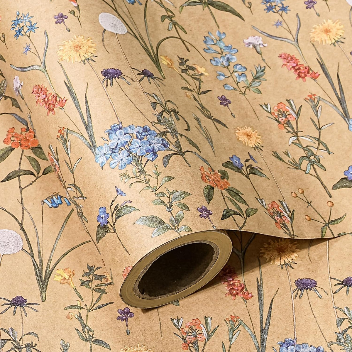 WRAPAHOLIC Kraft Floral Wrapping Paper Roll - Mini Roll - 17 Inch x 33 Feet - Wildflower Wrapping